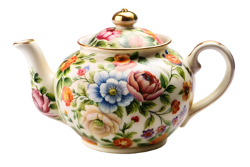 Vintage floral teapot with colorful flowers isolated on transparent background, a beautiful ceramic piece for tea service
