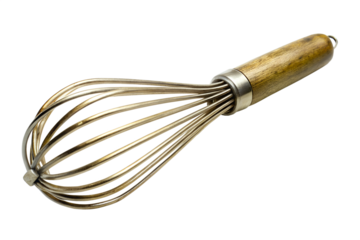 Closeup of a vintage whisk with a wooden handle isolated on transparent background, a classic kitchen tool for cooking and baking needs