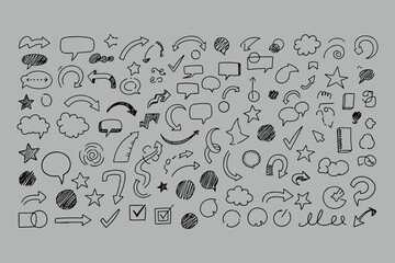 A diverse collection of hand drawn doodle arrows and speech bubbles offering a variety of shapes and styles for creative projects and presentations