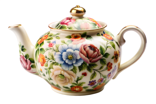 Vintage floral teapot with colorful flowers isolated on transparent background, a beautiful ceramic piece for tea service