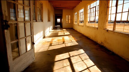 Sunlight streams through dilapidated windows of a weathered hallway, casting long shadows across the aged concrete floor.