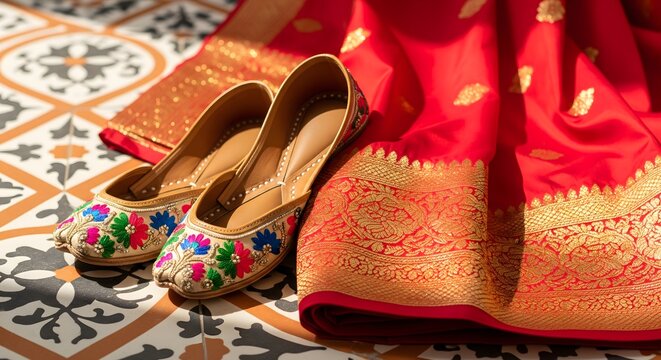 Traditional Indian Mojari Shoes and Red Saree with Golden Embroidery on Ornate Floor

