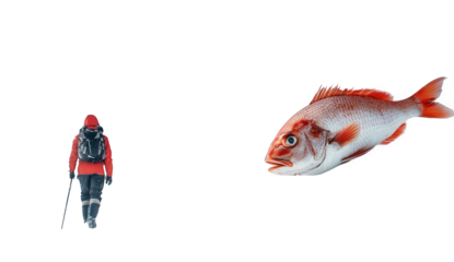 Hiker and a red fish isolated on transparent background