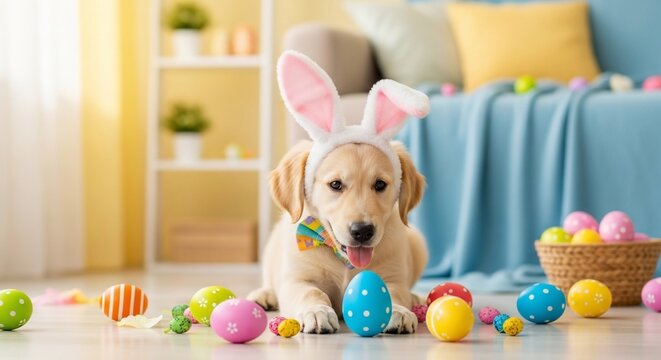 Adorable labrador puppy with easter bunny ears surrounded by colorful easter eggs