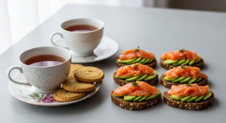 Tea and avocado salmon snacks on seeded bread with cookies