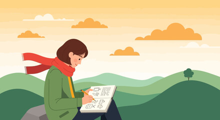 Young Woman Enjoying Nature While Sketching Creative Artwork Outdoors