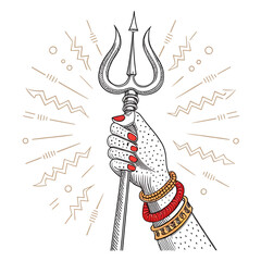Illustration of Divine Hand Holding Trishul with Traditional Bangles and Sacred Energy Lines


