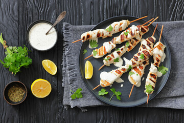 Greek style grilled chicken souvlaki on a plate