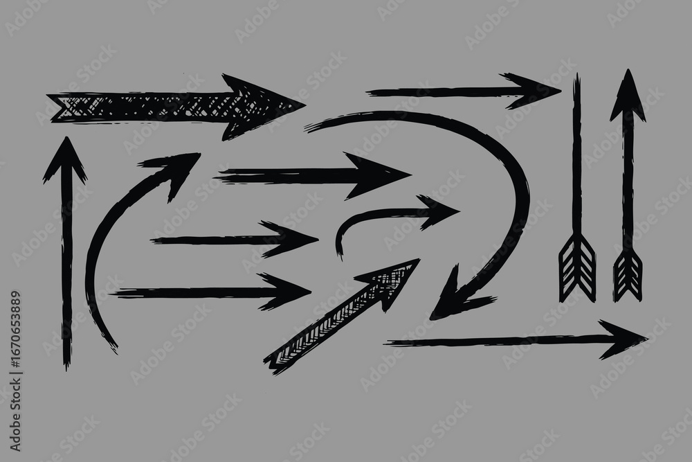 Poster a collection of hand drawn black arrows in various directions and styles creating a dynamic and dire