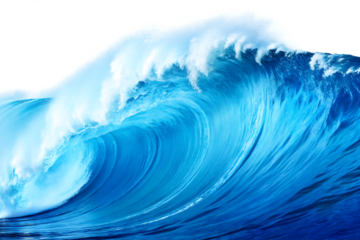 Majestic blue ocean wave curling and breaking isolated on a transparent background