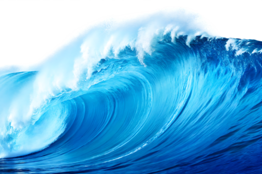 Majestic blue ocean wave curling and breaking isolated on a transparent background