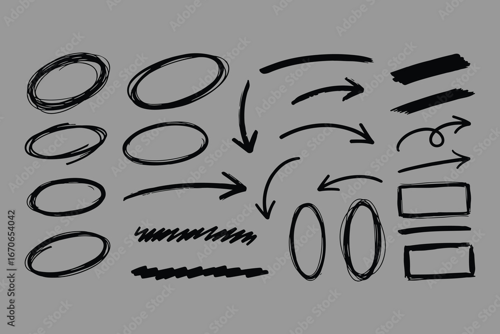 Poster hand drawn black marker elements ovals arrows lines and rectangles on a simple gray background for d