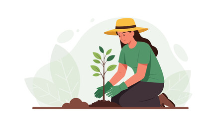 Young woman planting a tree in the garden on a sunny day, promoting environmental awareness and sustainability for a greener future