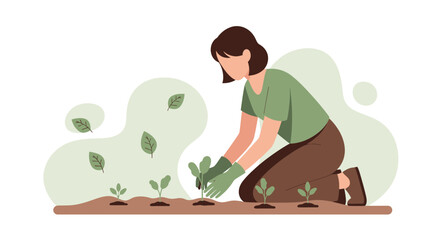 Young Woman Planting Seedlings Springtime Gardening or Farming Concept