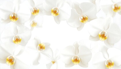 Fototapeta premium Delicate white orchids frame a pristine, empty space, showcasing a soft, elegant composition.