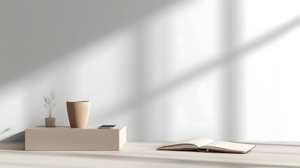A minimalist, beige-toned display featuring a plant pot, a book, and a phone, all resting on a neutral-colored platform against a light backdrop with sunlit shadows.