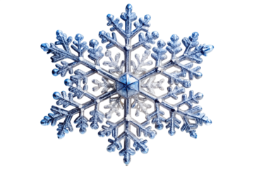 Close up of a blue decorative snowflake isolated on transparent background, perfect for winter holidays and christmas season designs