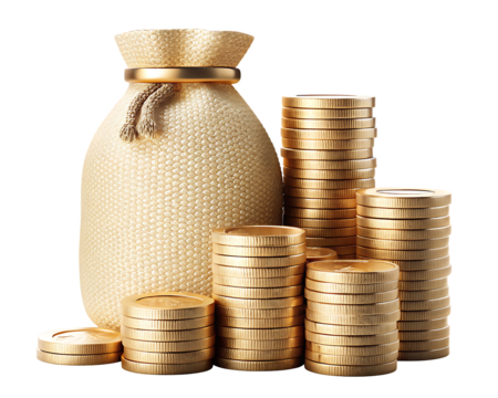 Money bag with stacked gold coins on white background isolated on a transparent background