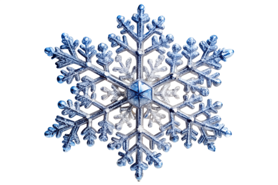 Close up of a blue decorative snowflake isolated on transparent background, perfect for winter holidays and christmas season designs