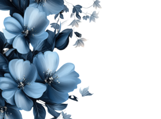 Beautiful blue flowers and leaves border isolated on transparent background