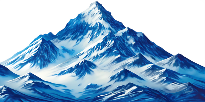 Majestic snow capped mountain peak with blue hues isolated on a transparent background