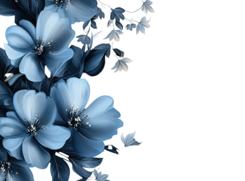 Beautiful blue flowers and leaves border isolated on transparent background