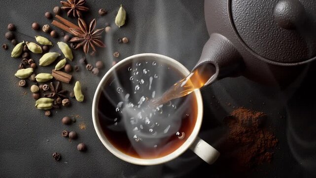 Pouring aromatic spiced tea into cup, creating a warm, inviting atmosphere for relaxing moments, a delicious and comforting beverage