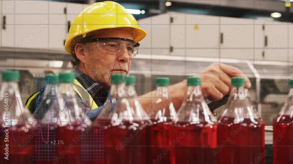 Poster operator tapping tablet scanning bottles with live graphs displaying quality data on bottling line