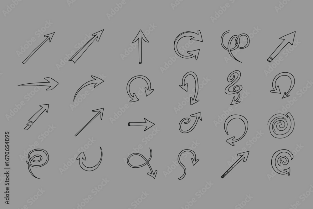Poster a collection of hand drawn arrows and pointers in various styles and directions on a simple gray bac