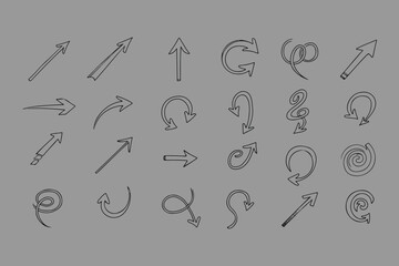 A collection of hand drawn arrows and pointers in various styles and directions on a simple gray background for design and navigation elements