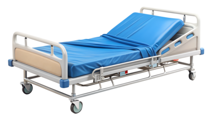 Hospital bed with blue mattress isolated on transparent background, designed for patient comfort and medical care in a healthcare facility