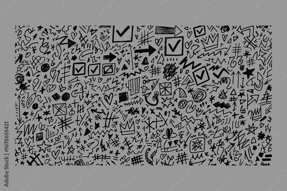 Poster a dense chaotic hand drawn collage of numerous small symbols arrows checkmarks and scribbles creatin