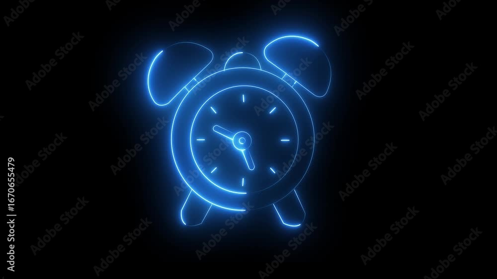 Poster glowing neon line alarm clock icon isolated on black background. wake up, get up concept. simple neo