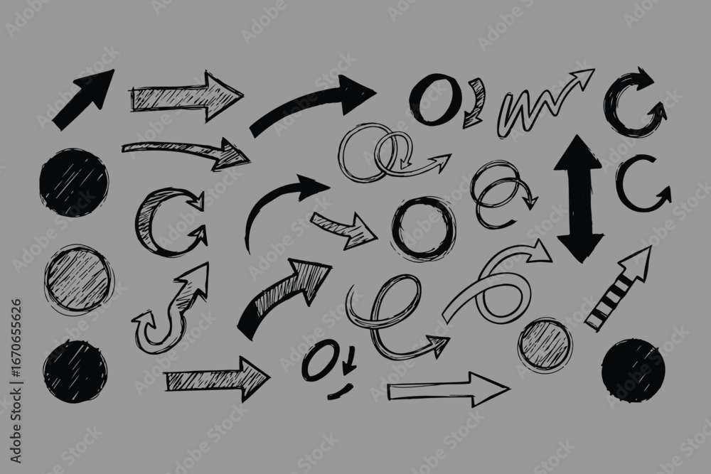 Poster collection of hand drawn arrows and circular elements in a sketchy doodle style on a gray background