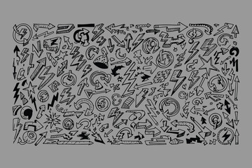 A dense collage of black and white doodle icons and symbols featuring arrows lightning bolts stars and abstract shapes for graphic design and creative projects
