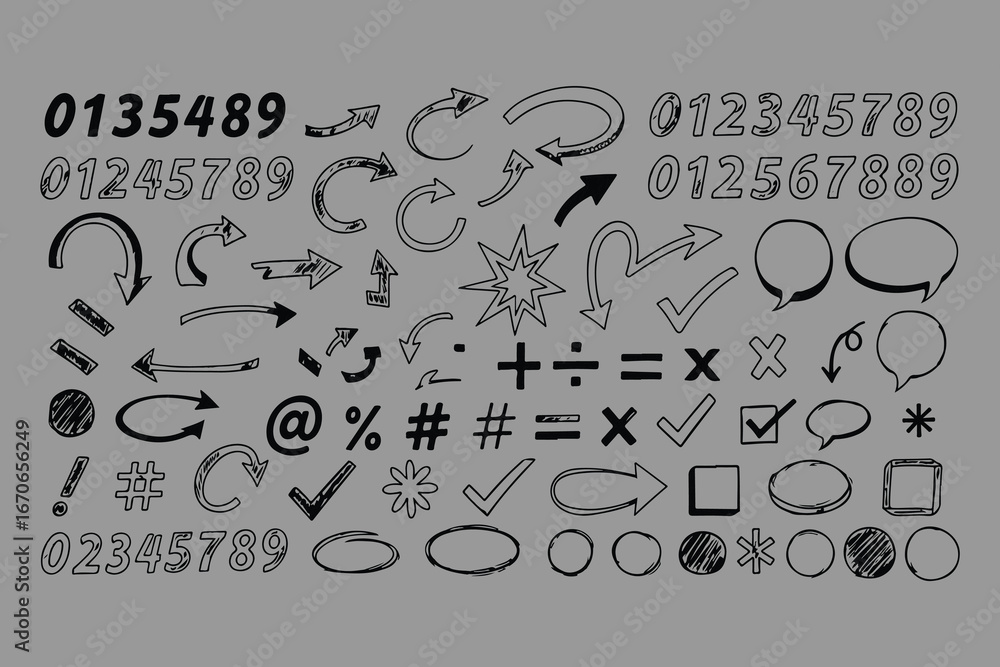 Poster a comprehensive collection of hand drawn arrows numbers symbols and speech bubbles offering versatil
