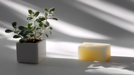 A light-filled scene showcasing a cube-shaped planter with a small succulent plant and a rectangular bar of pale yellow soap.