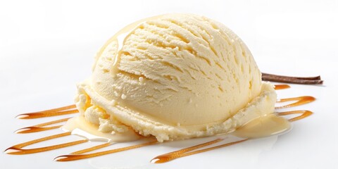 Vanilla Ice Cream Scoop with Caramel Drizzle Close-up Photography, Creamy Texture, Sweet Dessert Ice cream, dessert, photography