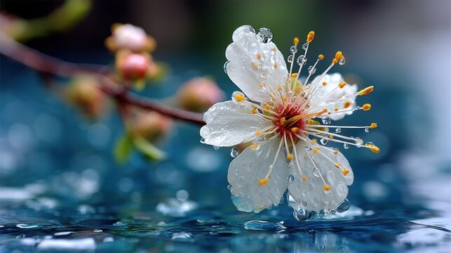 Dewdrop-Kissed Cherry Blossom Close-Up