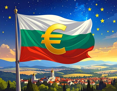Drapeau de la Bulgarie flottant avec le symbole de la monnaie euro en or au dessus de la ville de sofia avec sa cath&eacute;drale sur fond bleu et &eacute;toiles jaunes