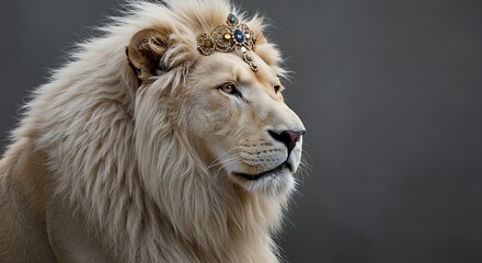 Fototapeta premium A majestic white lion with a regal gaze, wearing an ornate, jeweled crown against a simple gray background.