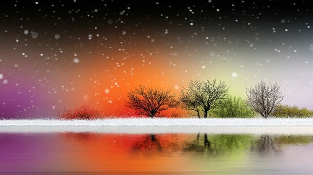 Surreal Dawn Landscape with Trees and Rainbow Reflections