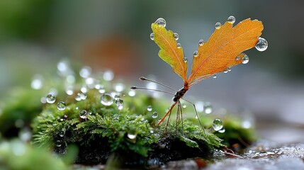 Dew-Kissed Monarch Butterfly on Moss, Macro Close-Up