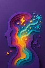 Paper-cut human profile with vibrant waves, lightning bolt and microbes, symbolizing stress, immunity and energy, deep purple background, dramatic studio lighting for mental health concepts.