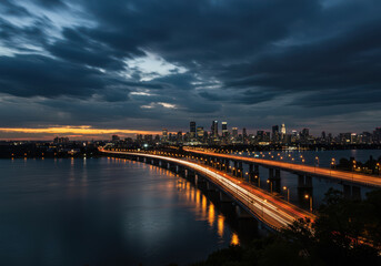 Fototapeta premium Dynamic cityscape at dusk with blurred light trails and dramatic clouds reflecting on water