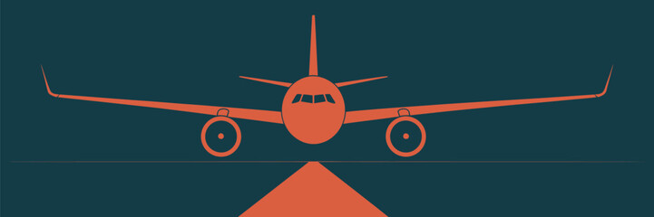 An orange airplane facing forward with a runway on a dark teal background in a simple graphic design style