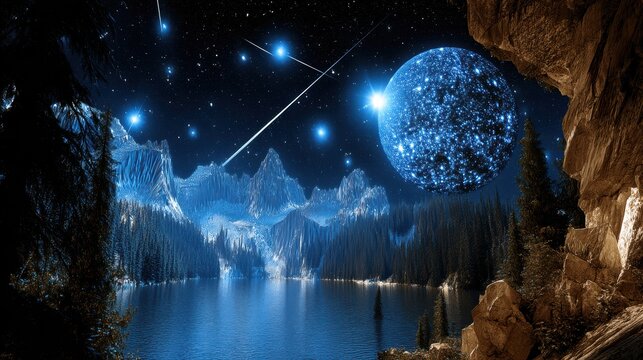 Blue Moonlit Mountainscape with Starry Sky and Ethereal Glow