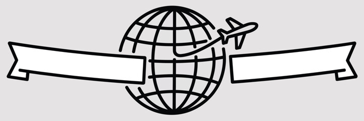 A globe with an airplane flying around it and two blank banners on either side in a black and white outline