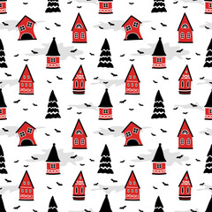 Halloween Seamless Pattern. Spooky Village. Red Black Silhouettes of Houses, Fir Trees, Bats on White Background. Vector Illustration
