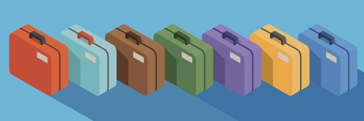 A row of seven colorful suitcases in shades of red blue brown green purple and yellow on blue background
